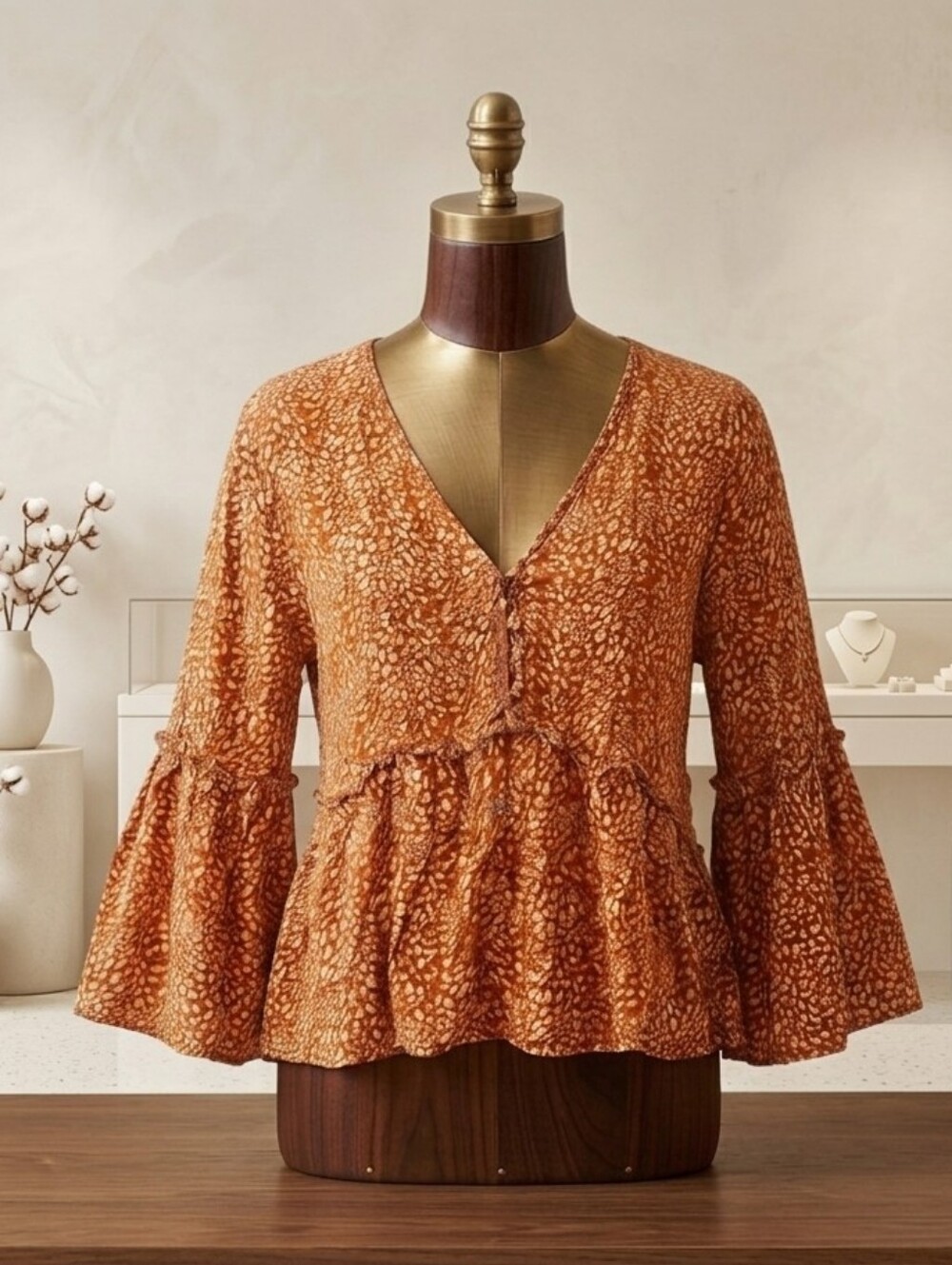 Women's Loveriche Cropped Button Up Top with 3/4 Length Bell Sleeve Size Sm
